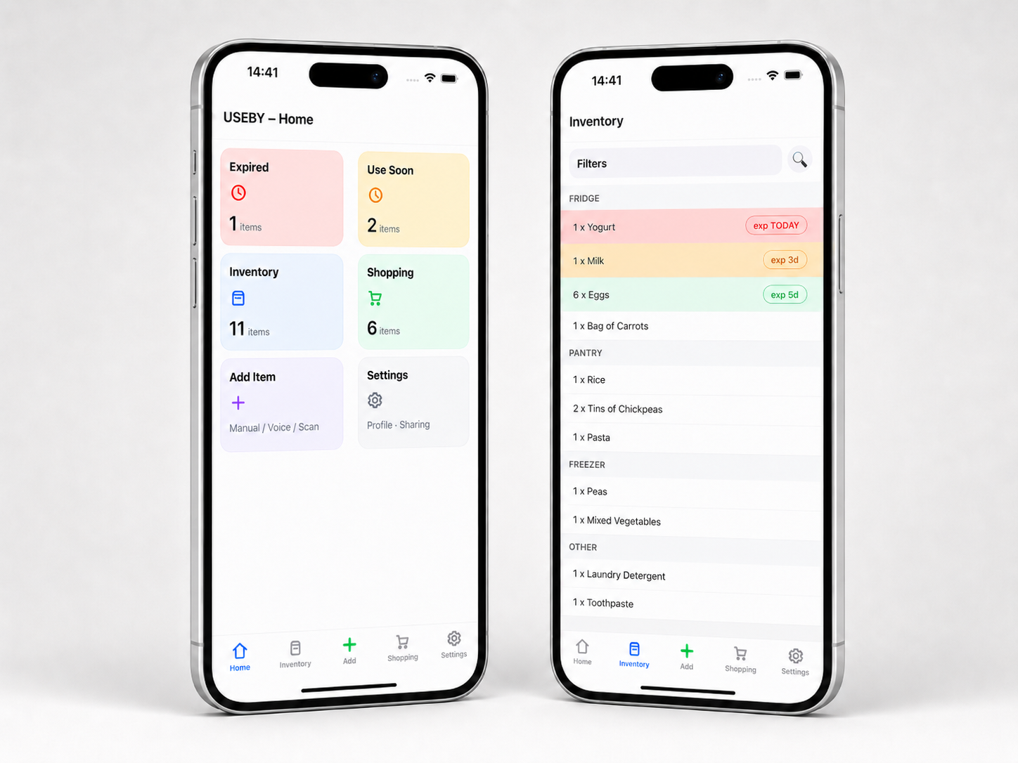 USEBY app screens showing food expiry tracking and inventory.