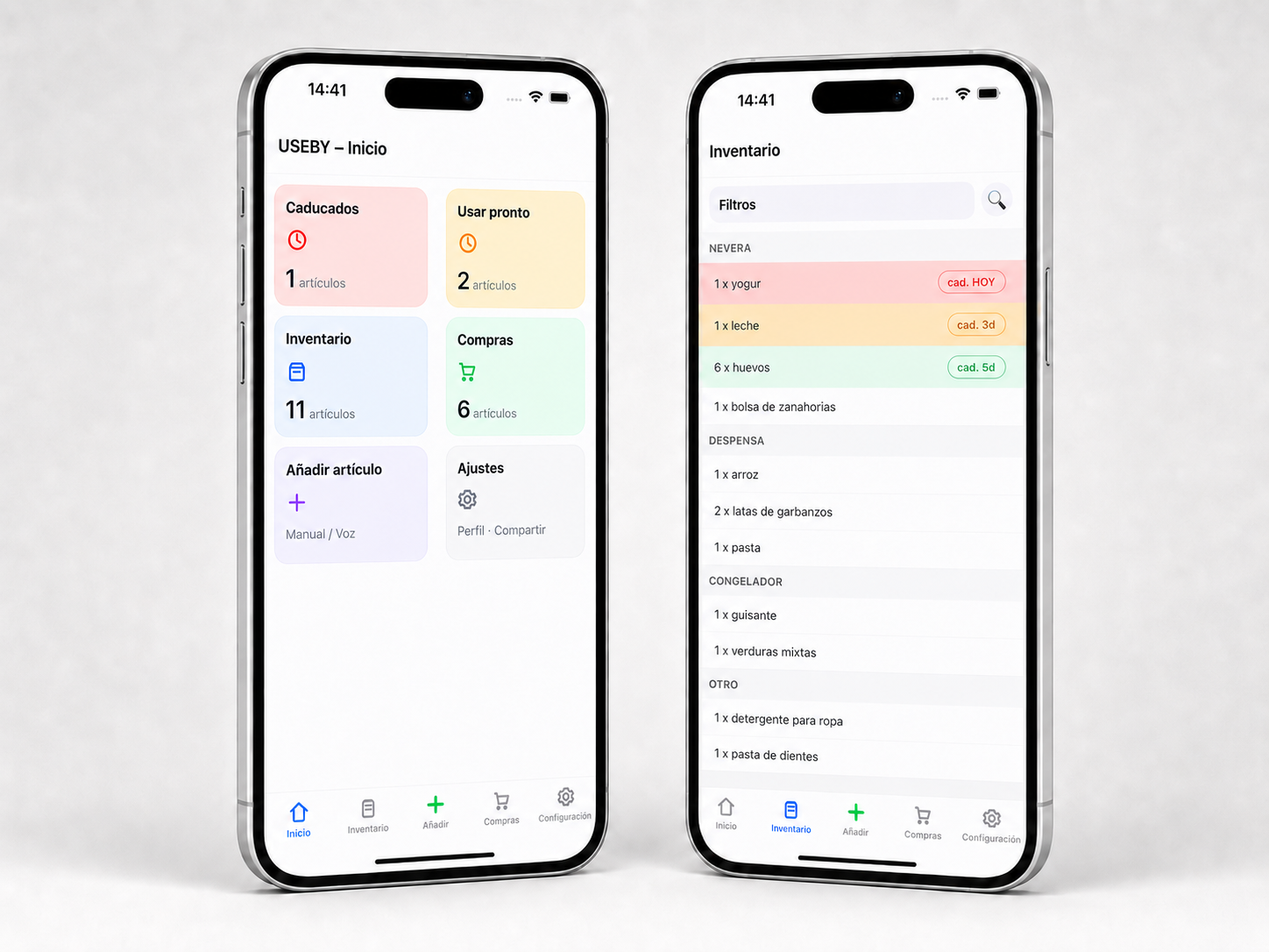 Pantallas de la app USEBY con seguimiento de caducidad e inventario.