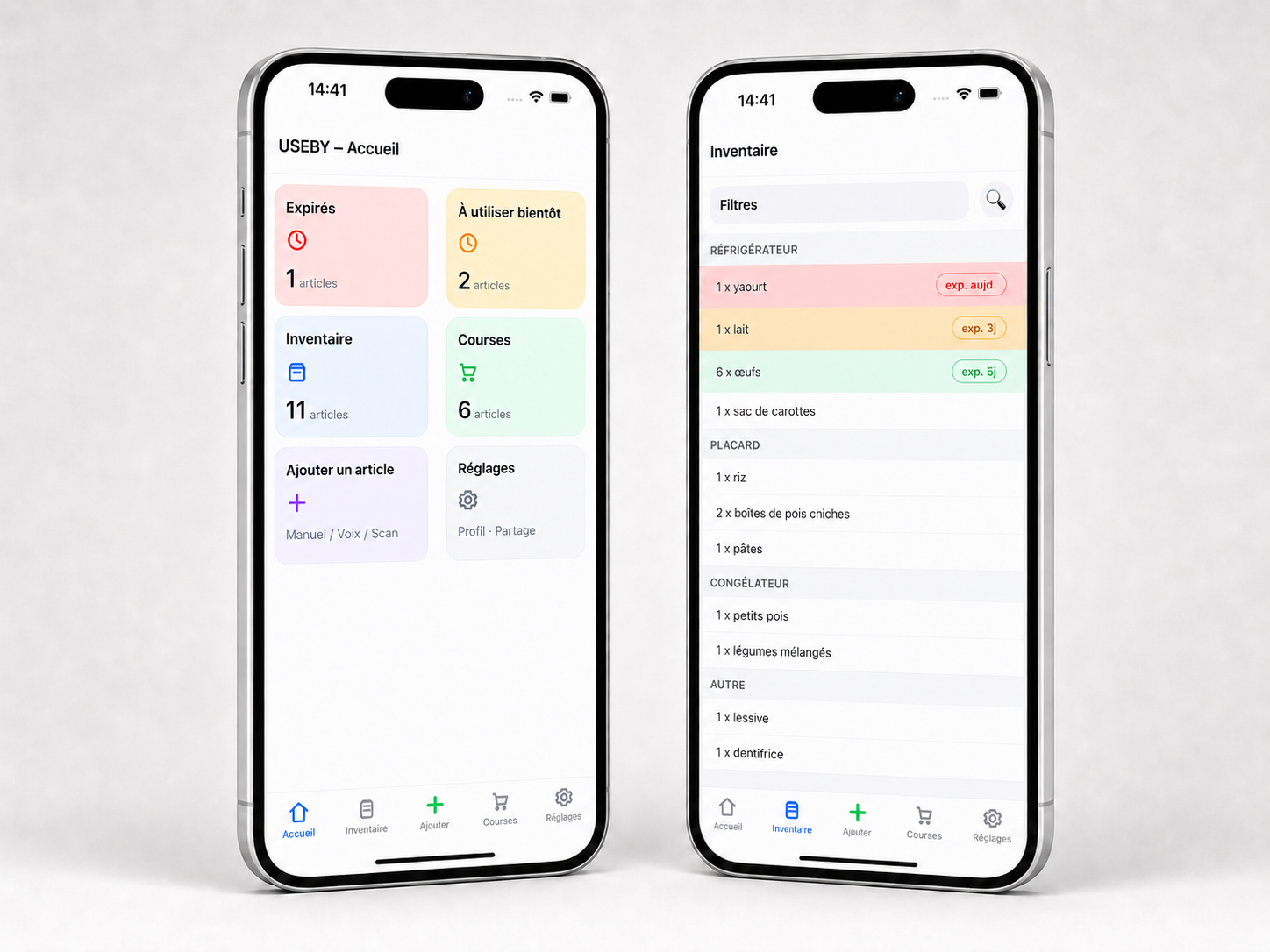 Écrans de l’application USEBY montrant le suivi des dates de péremption et de l’inventaire.